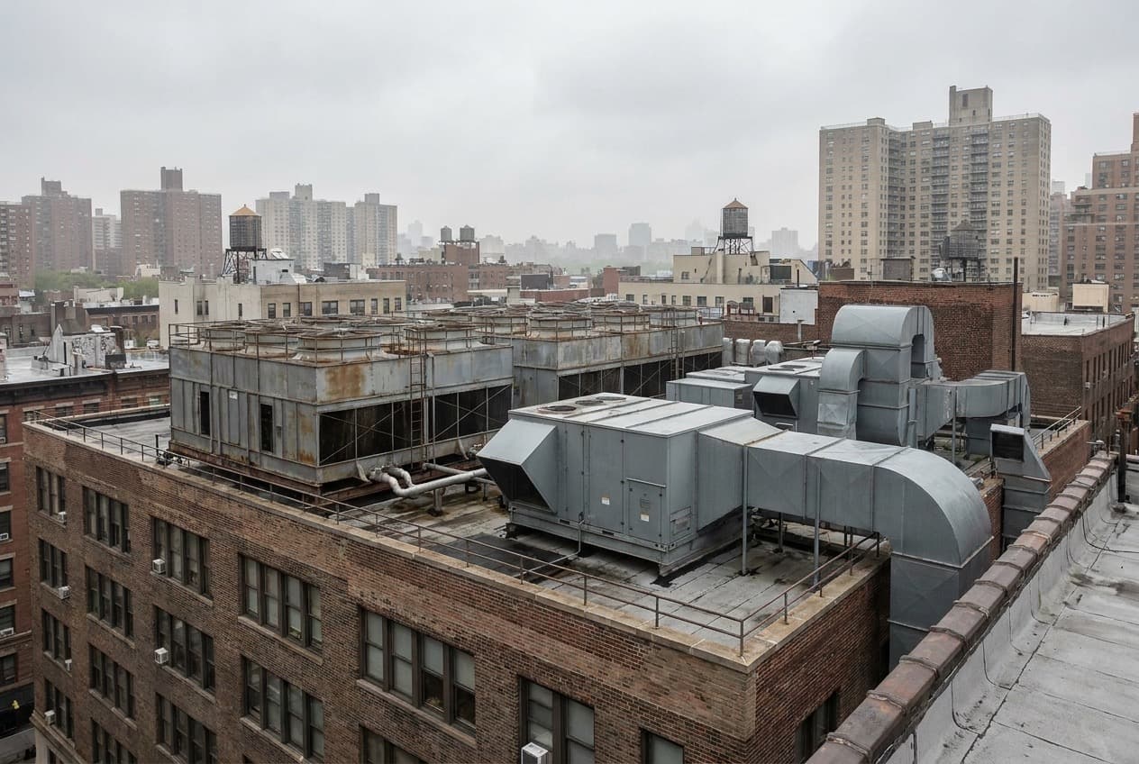 Rooftop cooling towers on a city building, a common source of Legionella